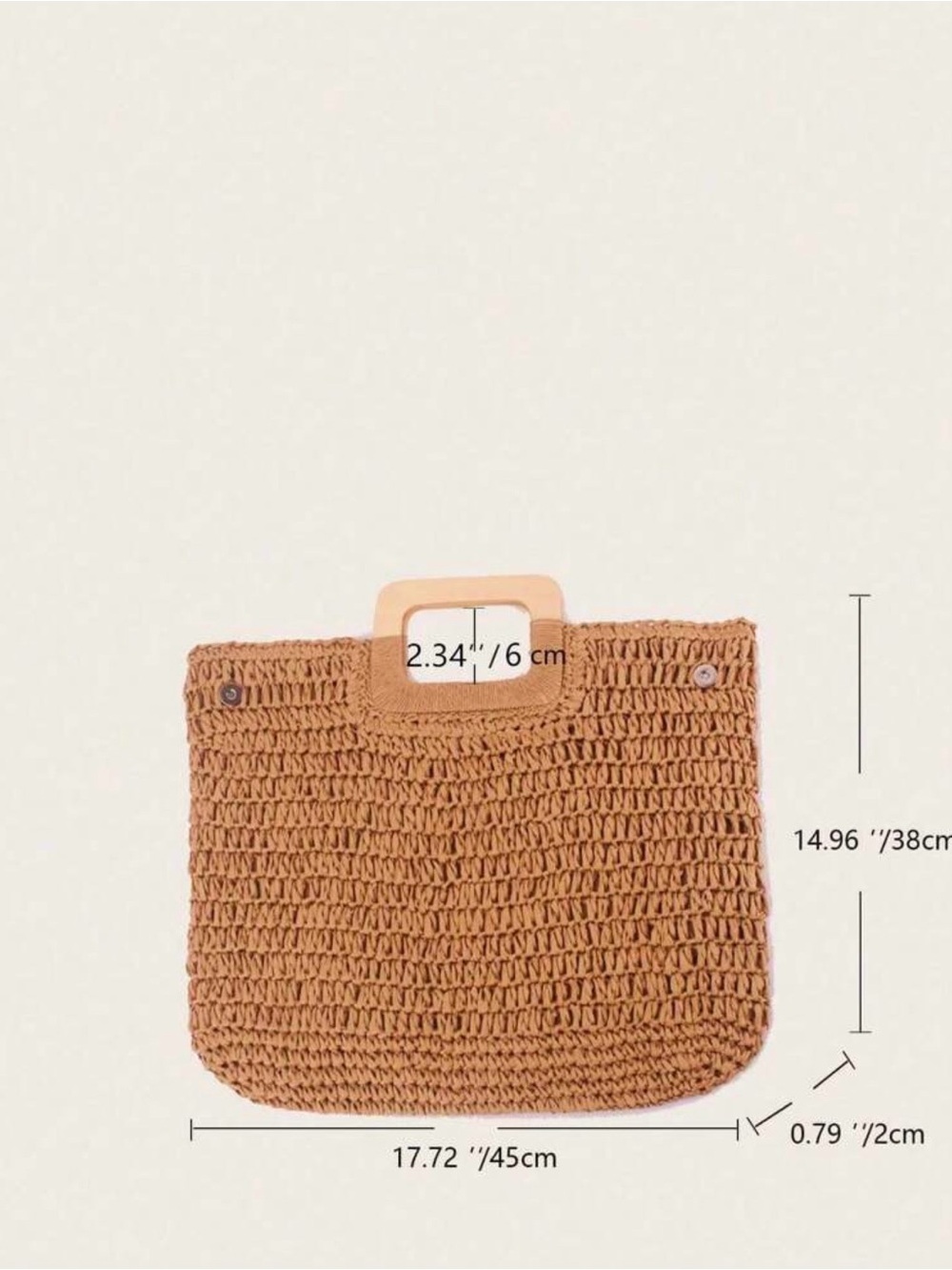 Woven Straw Tote Bag with Wooden Handle - Tan - Picture 3 of 6